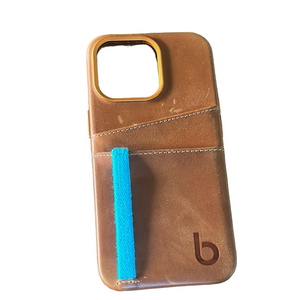 bull strap Brown Leather iPhone 14 pro Case with Blue Accent